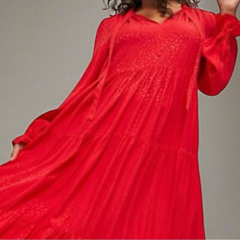 Maeve by Anthropologie Red Jacquard Tiered Maxi Dress Size S Long Sleeve Pockets - Picture 6 of 10